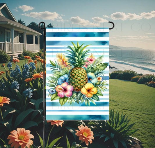 Beach Welcome Double-Sided Garden Flag, Pineapple Lover, Tropical Decor, Hibiscus Flowers