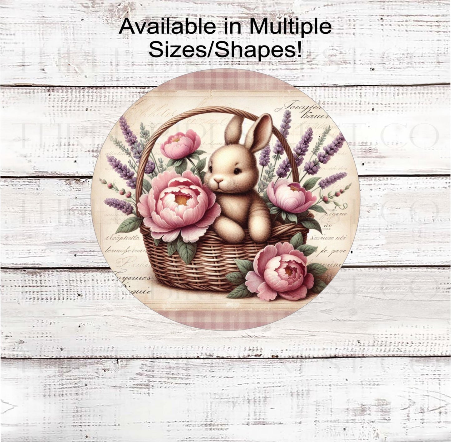 An adorable Bunny Rabbit sign with a French Provincial theme with beautiful pink peonies and lavender.