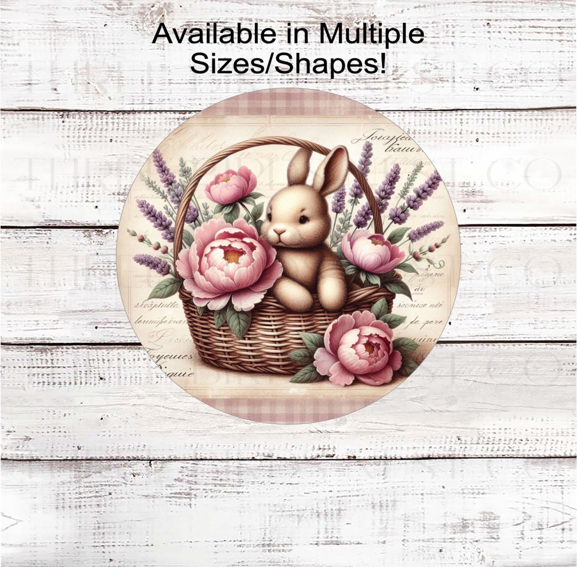 An adorable Bunny Rabbit sign with a French Provincial theme with beautiful pink peonies and lavender.