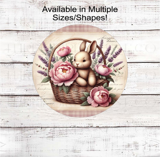 An adorable Bunny Rabbit sign with a French Provincial theme with beautiful pink peonies and lavender.