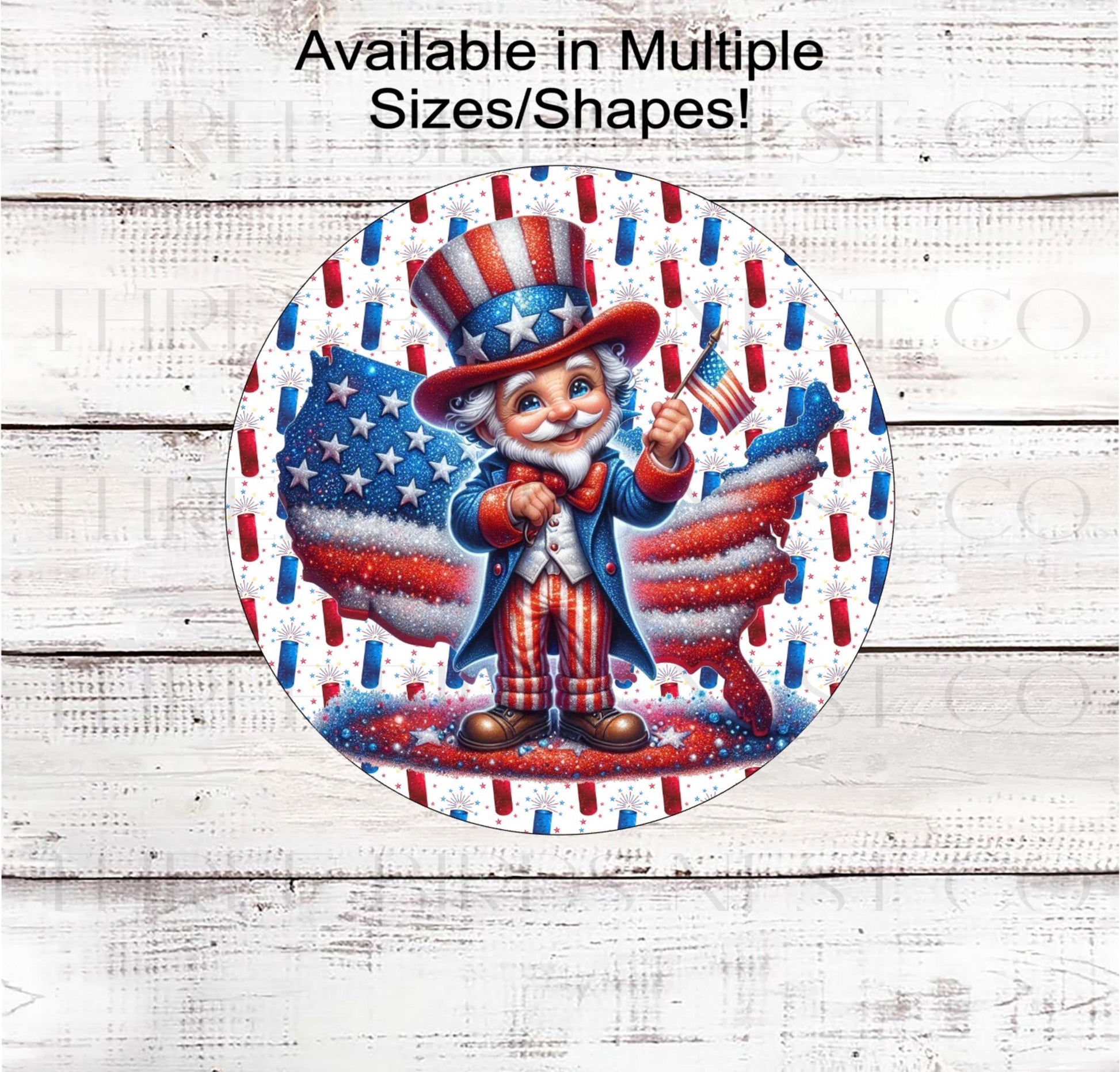 An adorable Uncle Sam with a glitter look United States behind him with an American Flag and a fireworks background