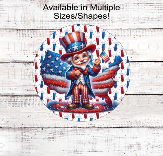An adorable Uncle Sam with a glitter look United States behind him with an American Flag and a fireworks background