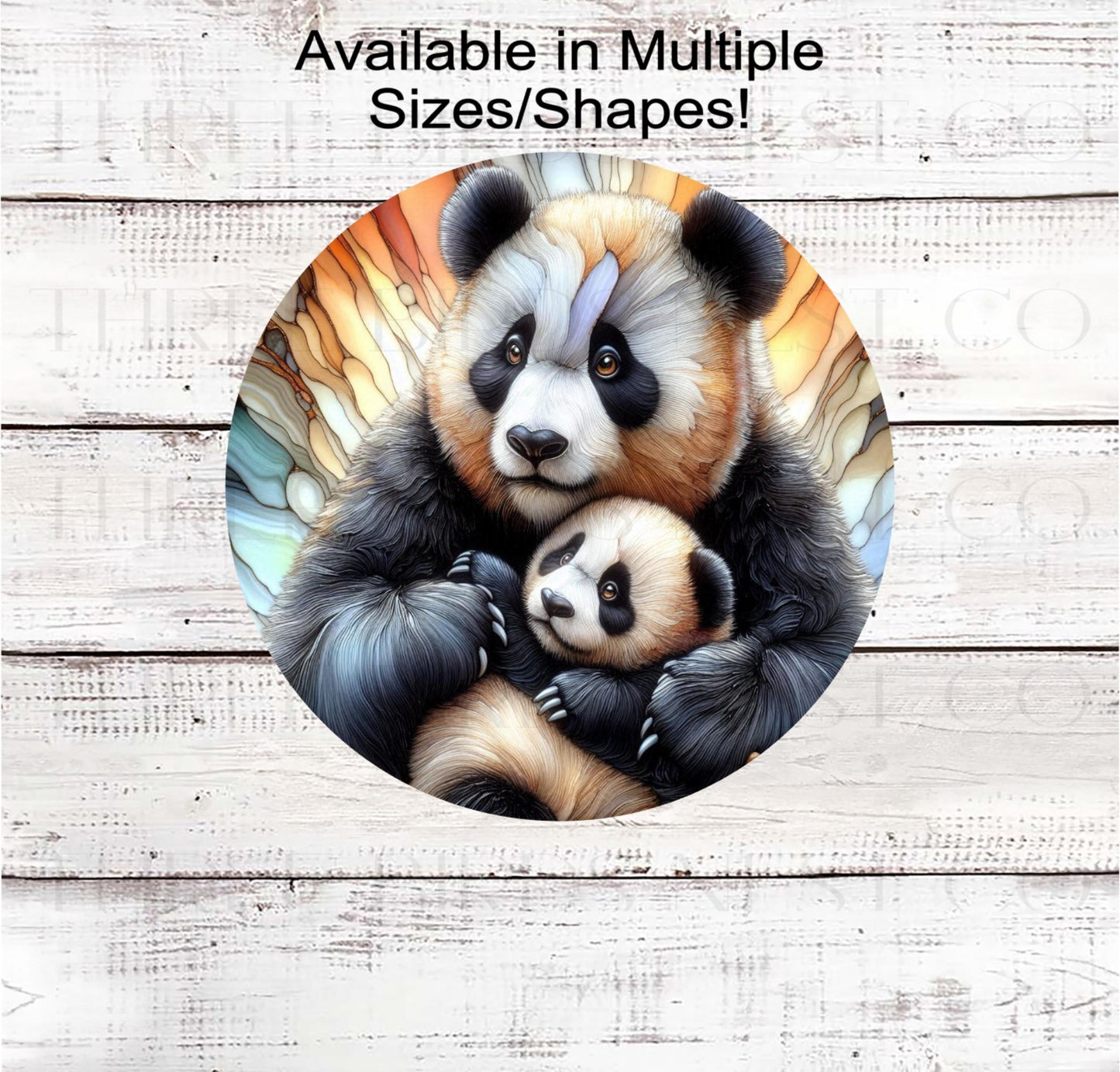 A beautiful stained glass look wreath sign featuring a Mother Panda and her Baby Cub.