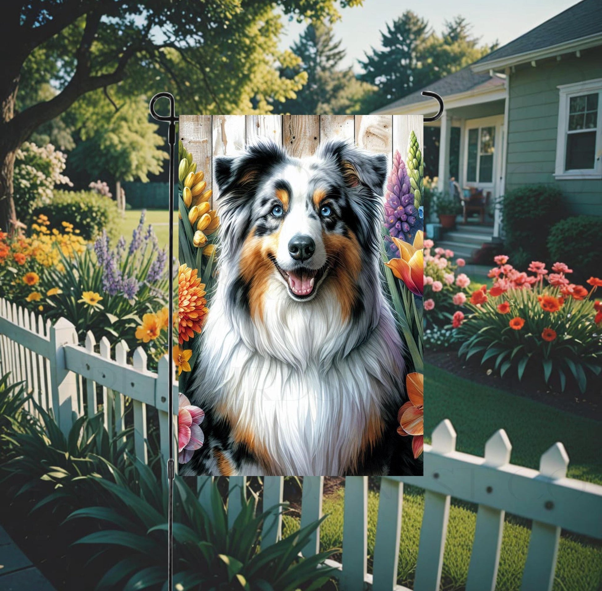 A beautiful Australian Shepherd dog surrounded by gorgeous flowers.