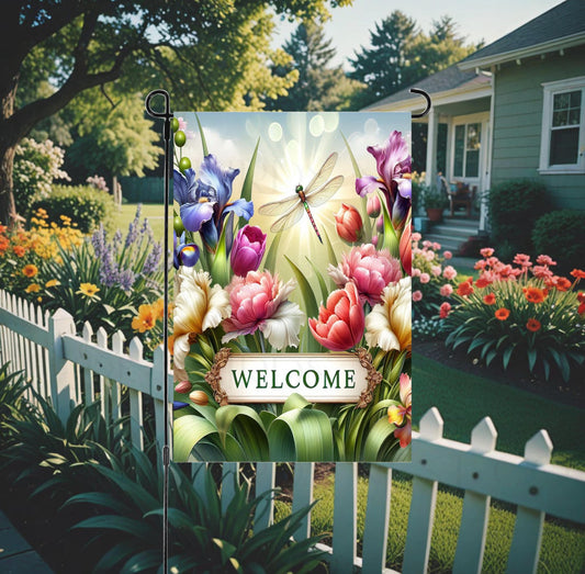 A beautiful Welcome Garden Flag with a Dragonfly and Spring Flowers