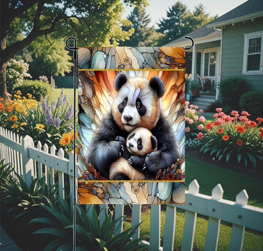A beautiful stained glass look image of a Panda Mother and her baby Cub.