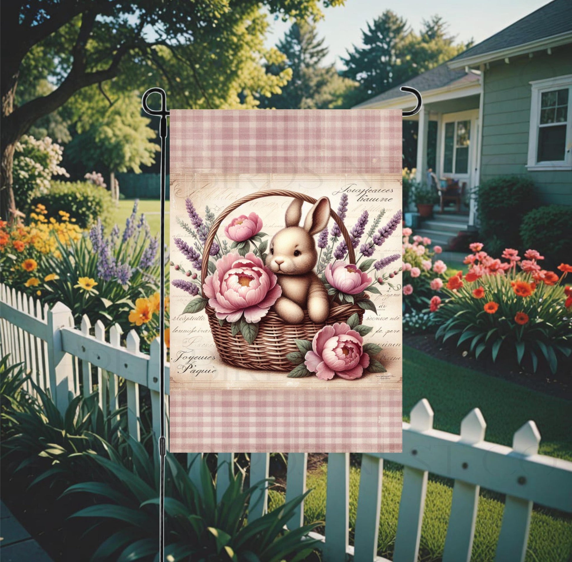 This french provincial style bunny rabbit with peonies and lavender will be perfect for your yard decor for everyday and Easter