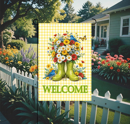 A beautiful and cheerful flag with lime green rain boots filled with gorgeous flowers.