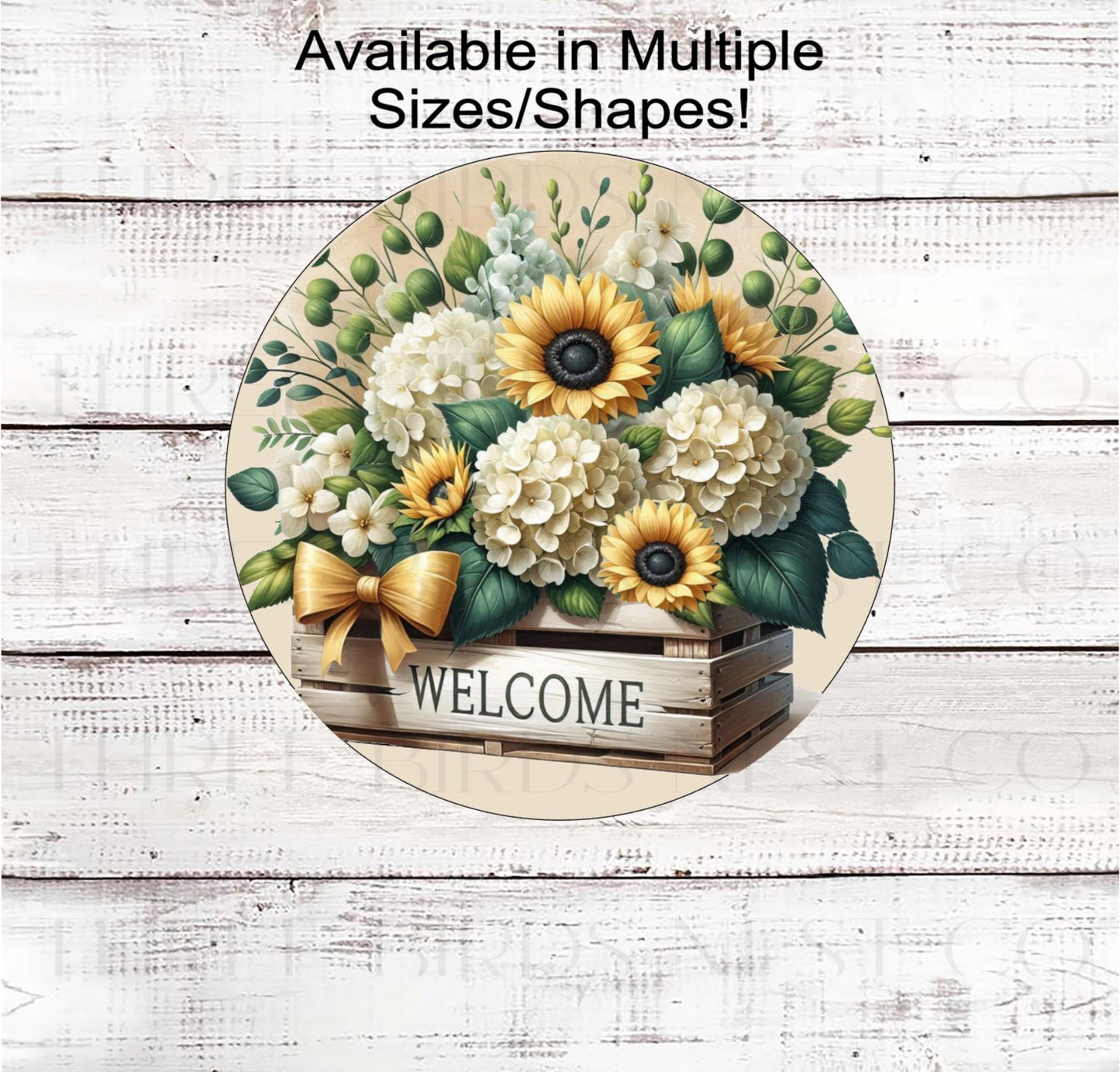 Welcome Wreath Sign, Sunflowers and Hydrangeas, Floral Wreath Sign, Rustic Farmhouse Decor