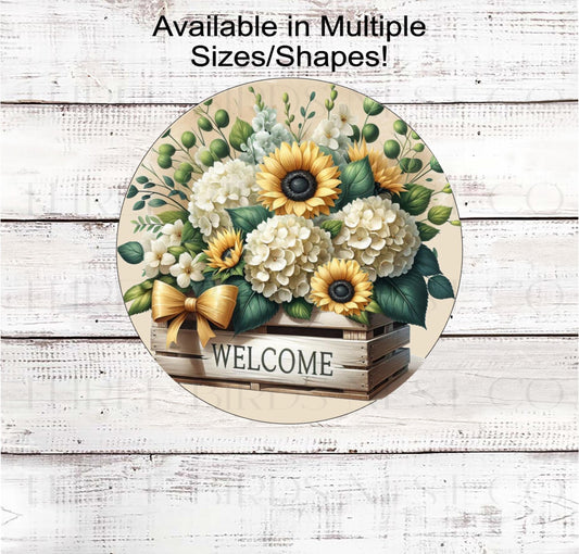 Welcome Wreath Sign, Sunflowers and Hydrangeas, Floral Wreath Sign, Rustic Farmhouse Decor