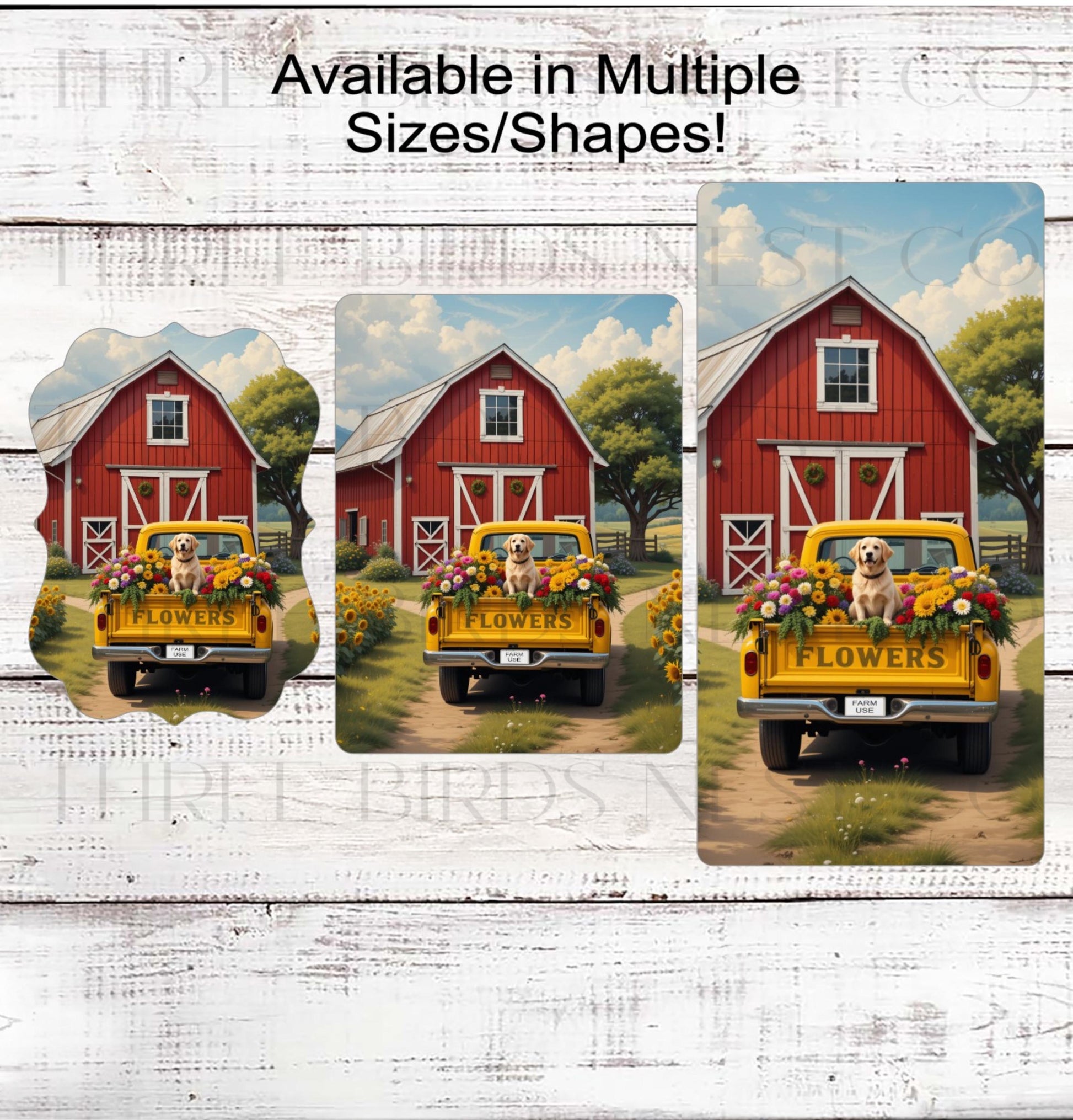 Farm Fresh Flowers Market, Yellow Labrador Retriever, Red Barn Decor, Old Yellow Truck