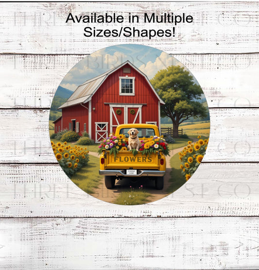 Farm Fresh Flowers Market, Yellow Labrador Retriever, Red Barn Decor, Old Yellow Truck