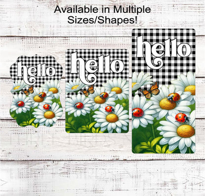 Daisy Welcome Wreath Sign, Ladybug Decor, Hello Spring Florals
