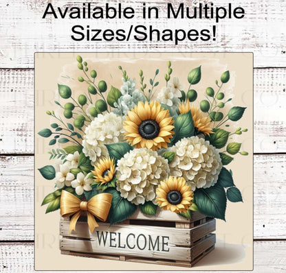 Welcome Wreath Sign, Sunflowers and Hydrangeas, Floral Wreath Sign, Rustic Farmhouse Decor
