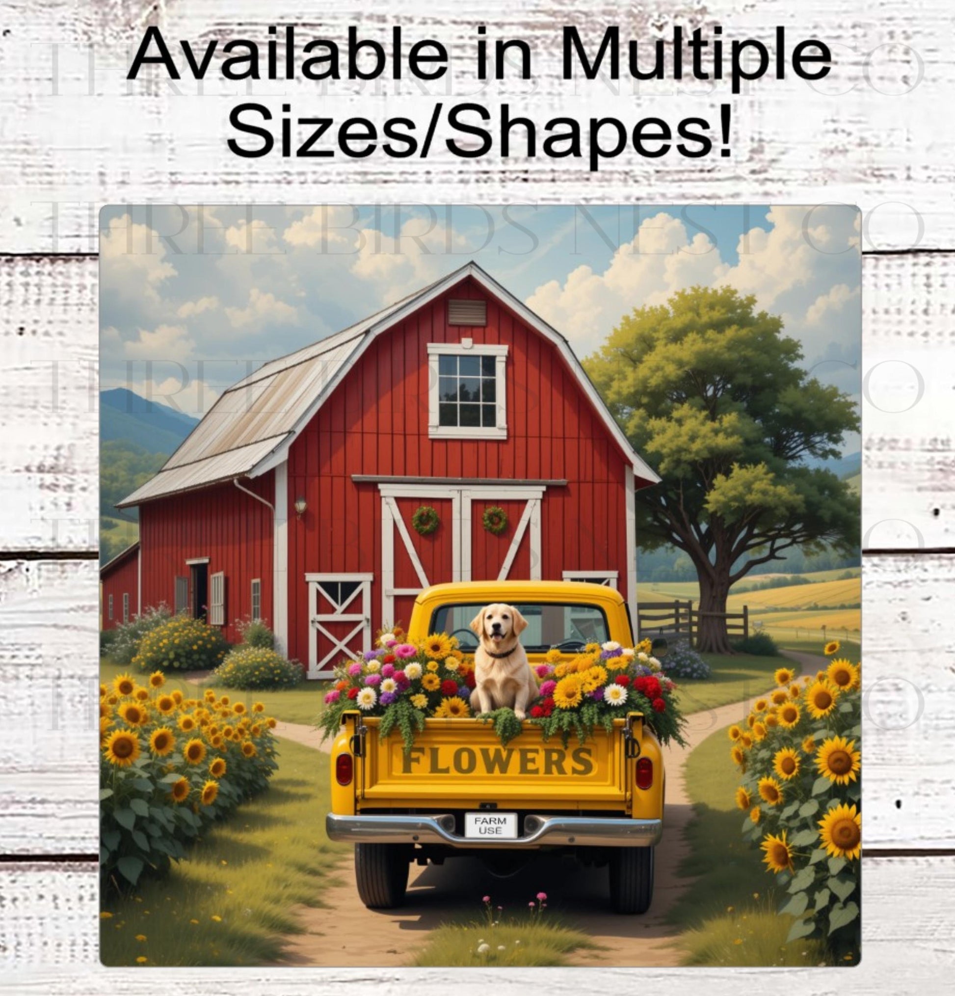 Farm Fresh Flowers Market, Yellow Labrador Retriever, Red Barn Decor, Old Yellow Truck