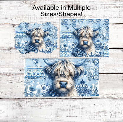 Highland Cow Wreath Sign, Rustic Farmhouse, Blue and White Chinoiserie