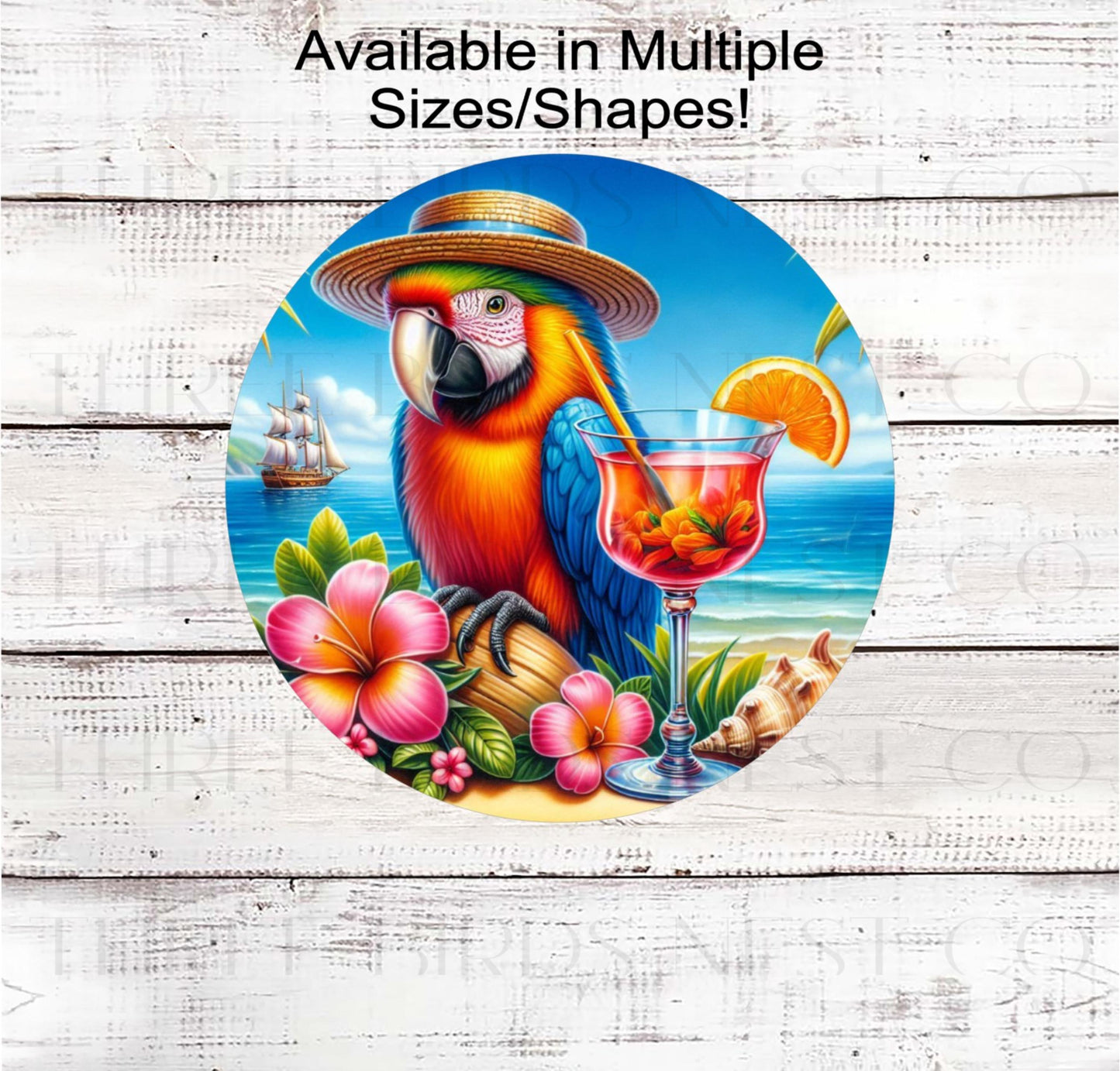 Summer Wreath Sign, Parrot Macaw Lover, Cocktail, Five OClock Somewhere Vacation, Pirate Ship
