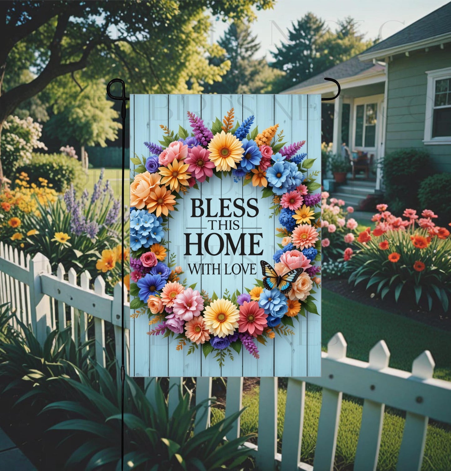 Bless This Home With Love Double-Sided Garden Flag, Rustic Farmhouse, Floral Wreath, Butterfly Lover