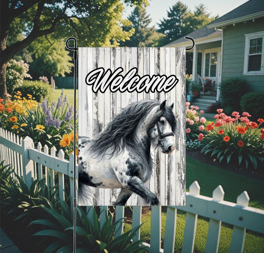 Welcome Double-Sided Garden Flag, Gypsy Vanner Horse, Rustic Farmhouse, Barn Decor