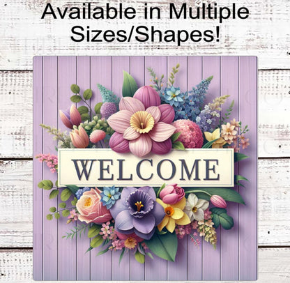 Welcome Wreath Sign, Spring Flowers, Purple Floral Decor