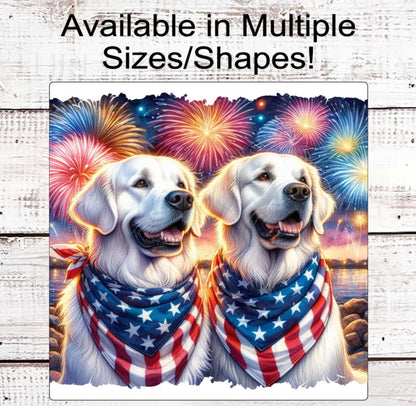 Patriotic Dog Wreath Signs, English Cream Golden Retriever Dogs, American Flag, Beach Decor, Fireworks Sign, 4th of July