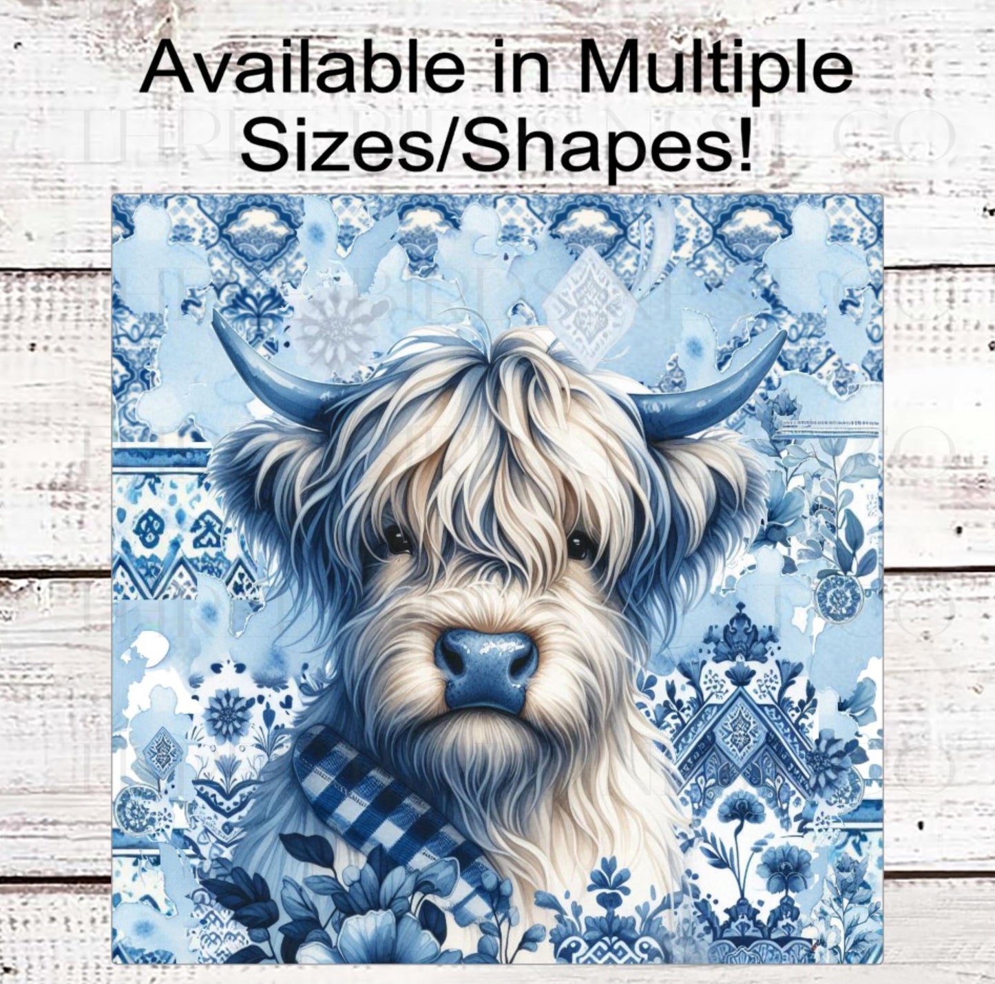 Highland Cow Wreath Sign, Rustic Farmhouse, Blue and White Chinoiserie