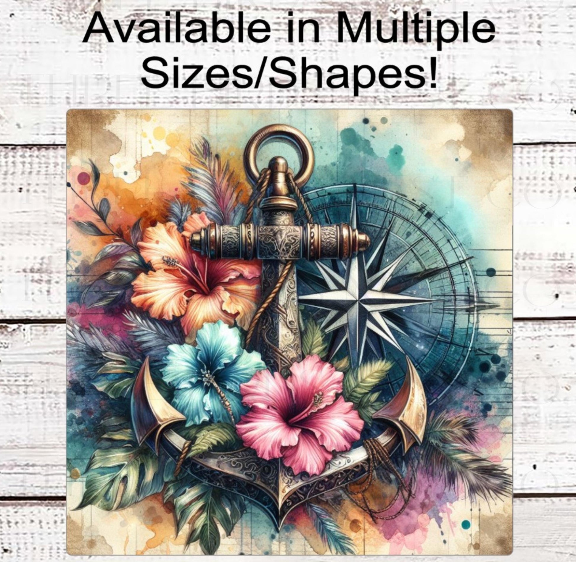 Beach Welcome Wreath Sign, Vintage Anchor Decor, Hibiscus Flowers, Compass Rose