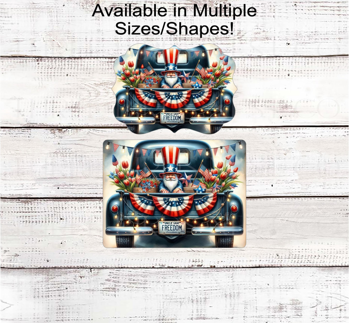 Patriotic Gnome Wreath Sign, Vintage Blue Truck, American Flag Bunting