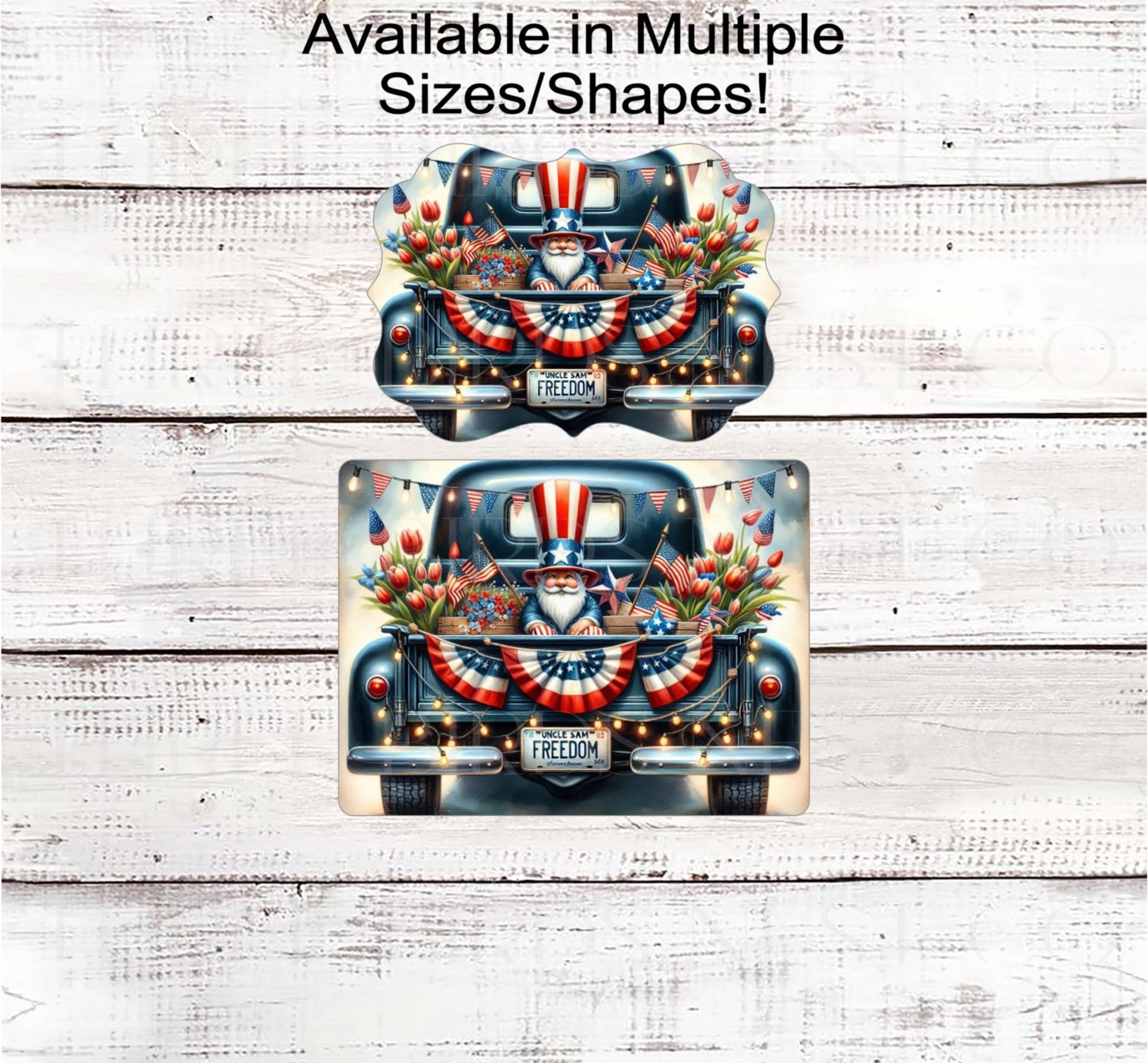 Patriotic Gnome Wreath Sign, Vintage Blue Truck, American Flag Bunting