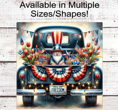 Patriotic Gnome Wreath Sign, Vintage Blue Truck, American Flag Bunting