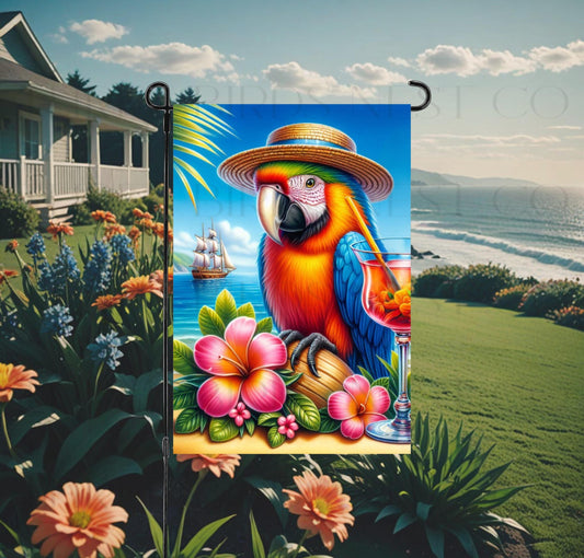 Macaw Double-Sided Garden Flag, Parrot Lover, Pirate Ship, Hibiscus Flower Decor, Five Oclock Somewhere