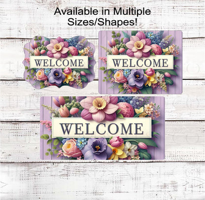 Welcome Wreath Sign, Spring Flowers, Purple Floral Decor