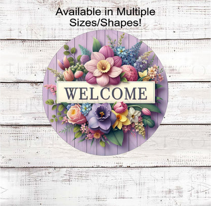Welcome Wreath Sign, Spring Flowers, Purple Floral Decor