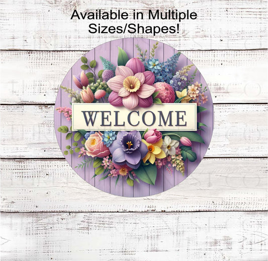 Welcome Wreath Sign, Spring Flowers, Purple Floral Decor