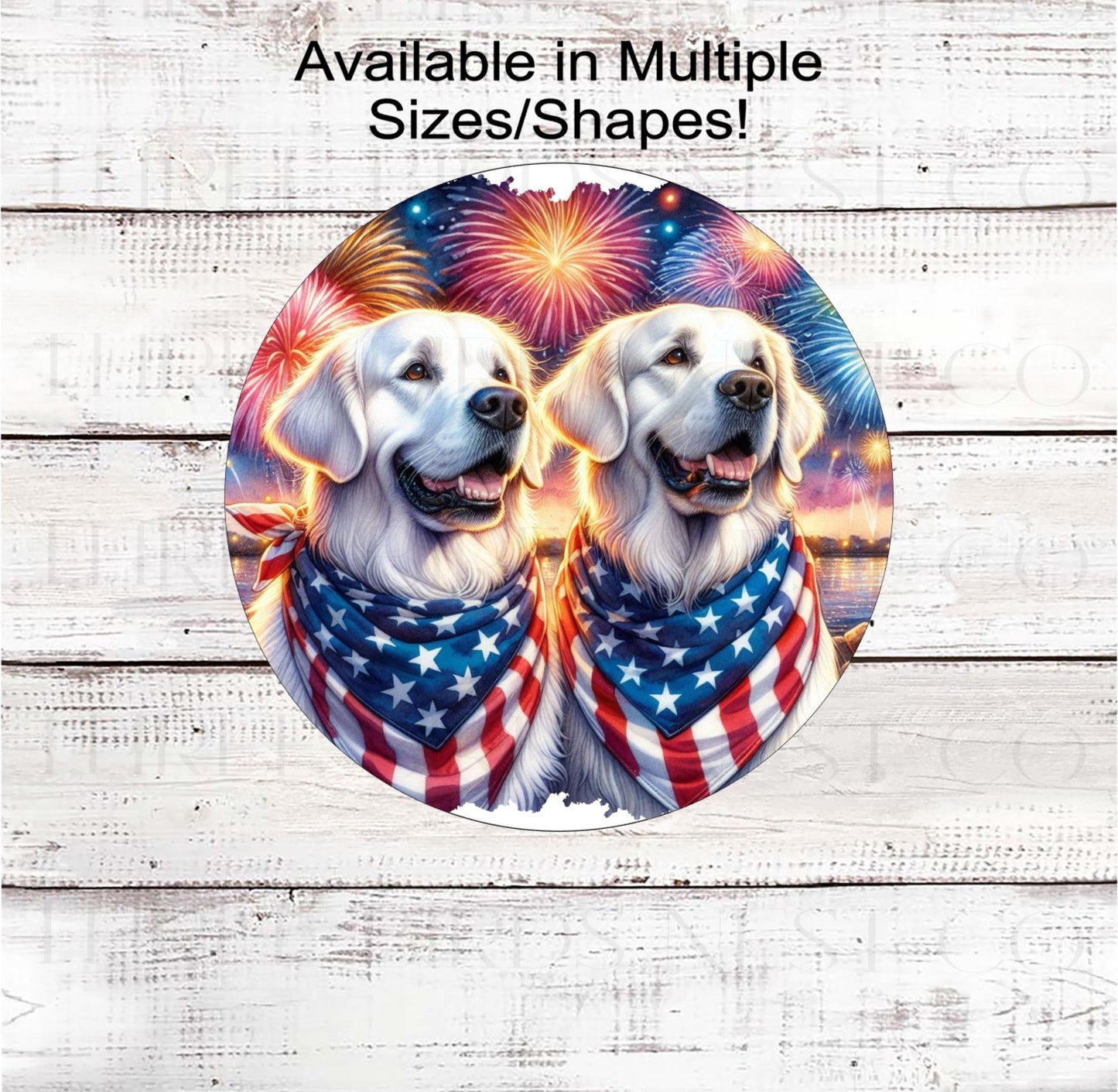 Patriotic Dog Wreath Signs, English Cream Golden Retriever Dogs, American Flag, Beach Decor, Fireworks Sign, 4th of July