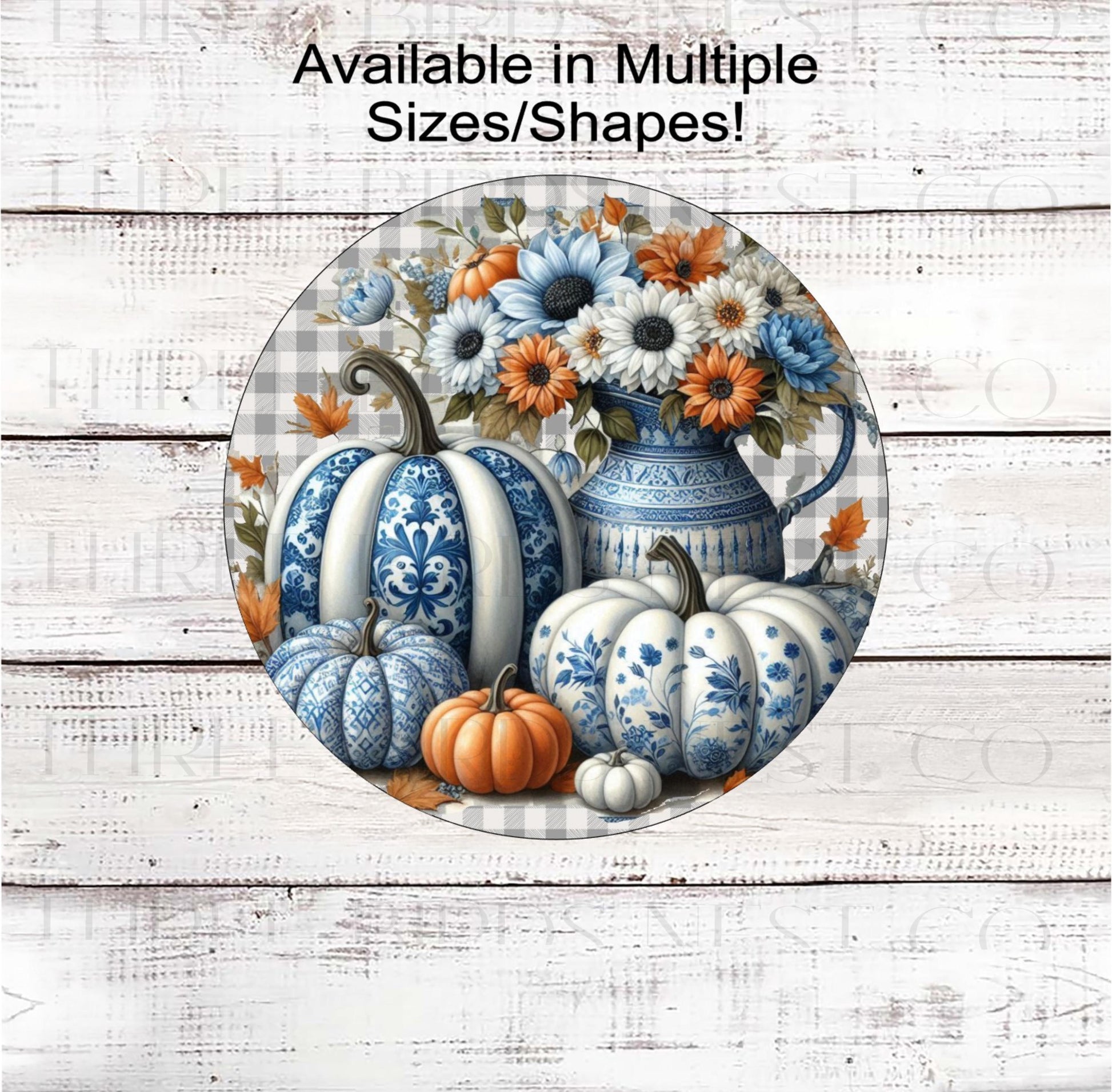 Painted Fall Pumpkins Wreath Sign, Chinoiserie Pattern, Fall Floral