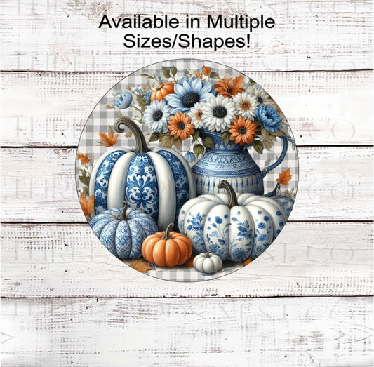 Painted Fall Pumpkins Wreath Sign, Chinoiserie Pattern, Fall Floral