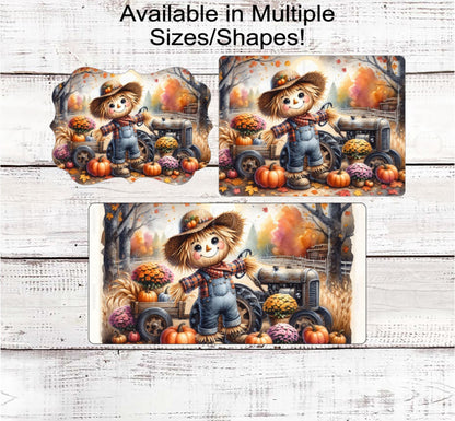 Scarecrow Fall Wreath Sign, Farm Tractor, Sunflowers Decor, Corn Stalks