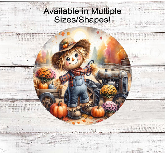 Scarecrow Fall Wreath Sign, Farm Tractor, Sunflowers Decor, Corn Stalks