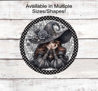 Halloween Wreath Sign, Witch Lover, Monotone Sign, Black Grey and White, Spooky Decor, Boho Floral