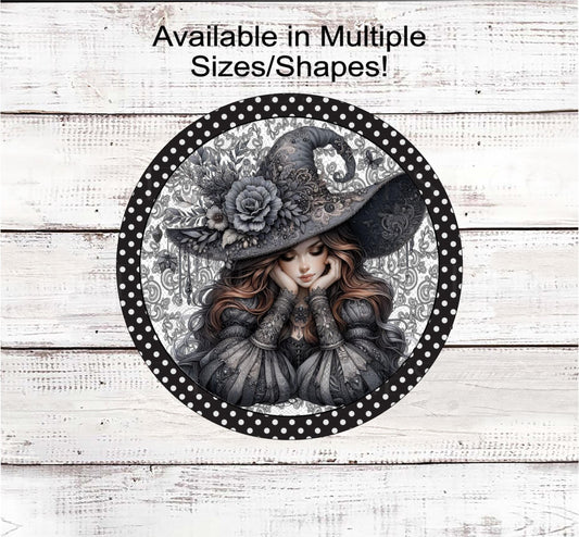 Halloween Wreath Sign, Witch Lover, Monotone Sign, Black Grey and White, Spooky Decor, Boho Floral