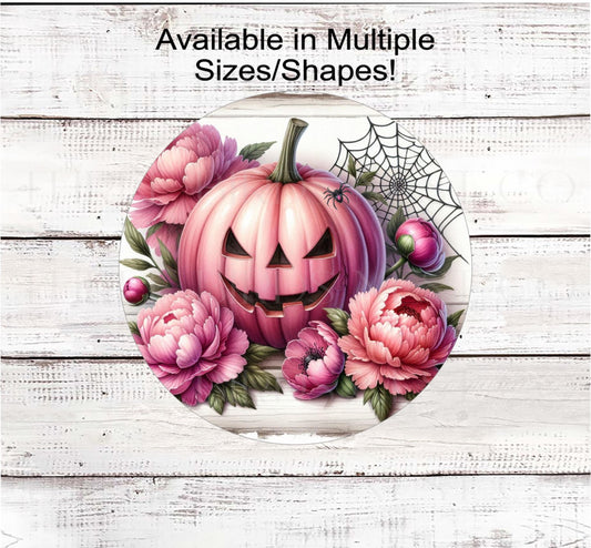 Pink Pumpkin Halloween Wreath Sign, Spider Web, Rustic Farmhouse, Peonies, Jack O Lantern, Pink for October