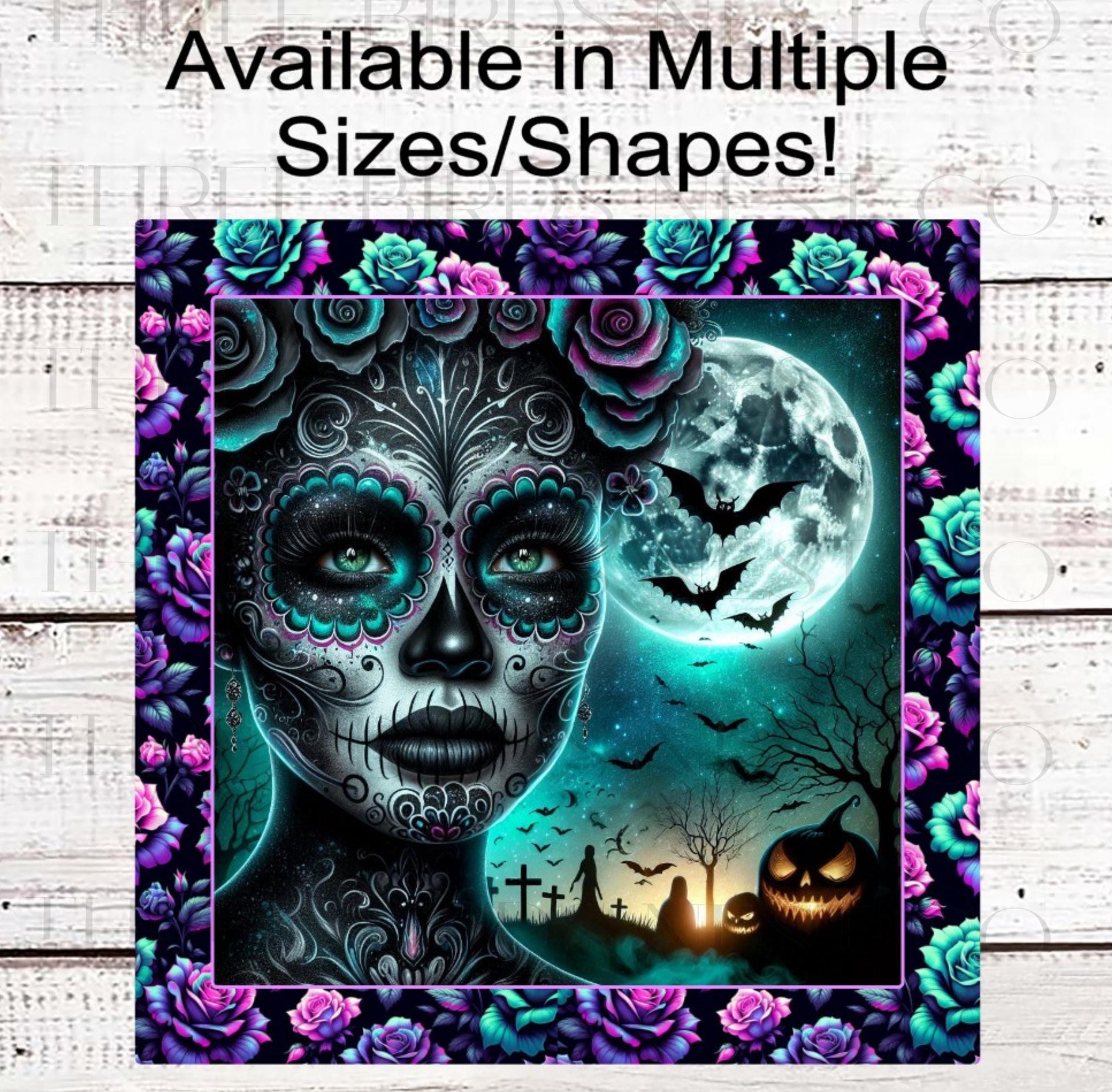 Sugar Skull Halloween Wreath Sign, African American La Catrina, Day of the Dead, Haunted House, Macabre Roses