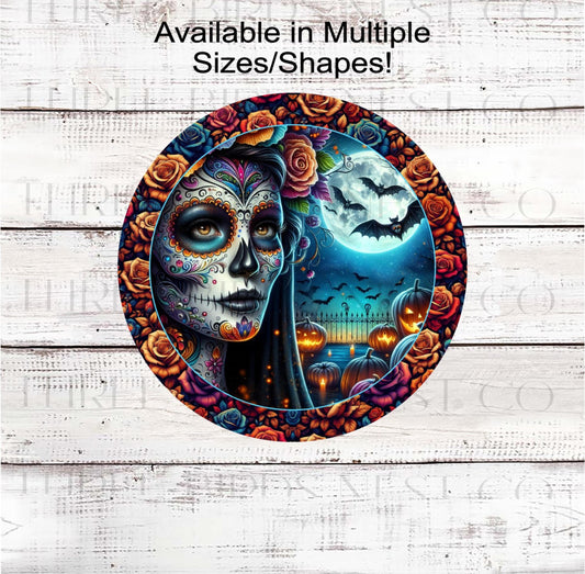 Sugar Skull Halloween Wreath Sign, La Catrina, Day of the Dead, Haunted House, Macabre Roses