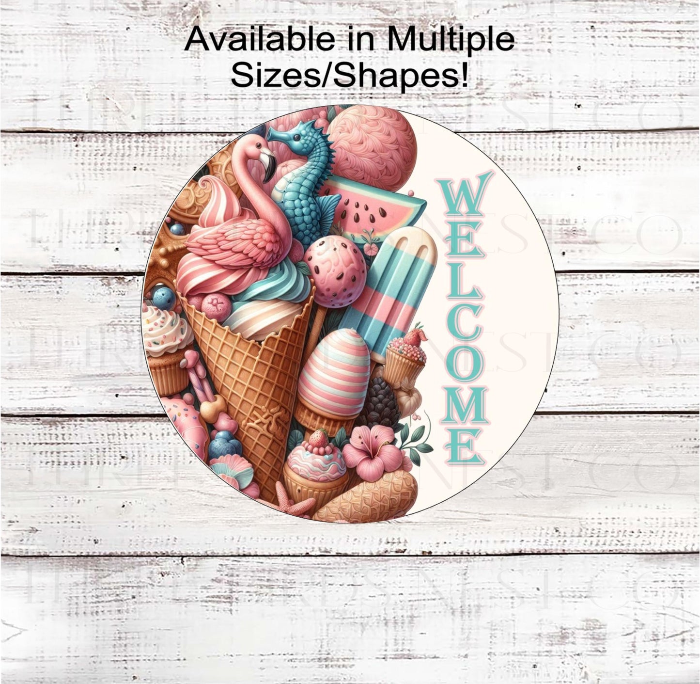 Beach Flamingo Wreath Sign, Sweet Summertime, Cookies and Ice Cream, Hibiscus Flowers, Seahorse