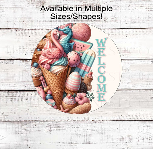 Beach Flamingo Wreath Sign, Sweet Summertime, Cookies and Ice Cream, Hibiscus Flowers, Seahorse