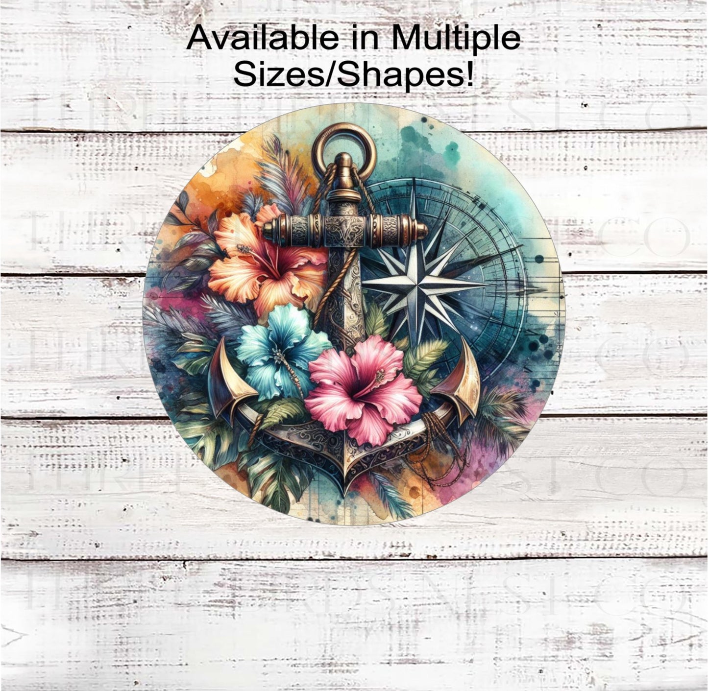 Beach Welcome Wreath Sign, Vintage Anchor Decor, Hibiscus Flowers, Compass Rose