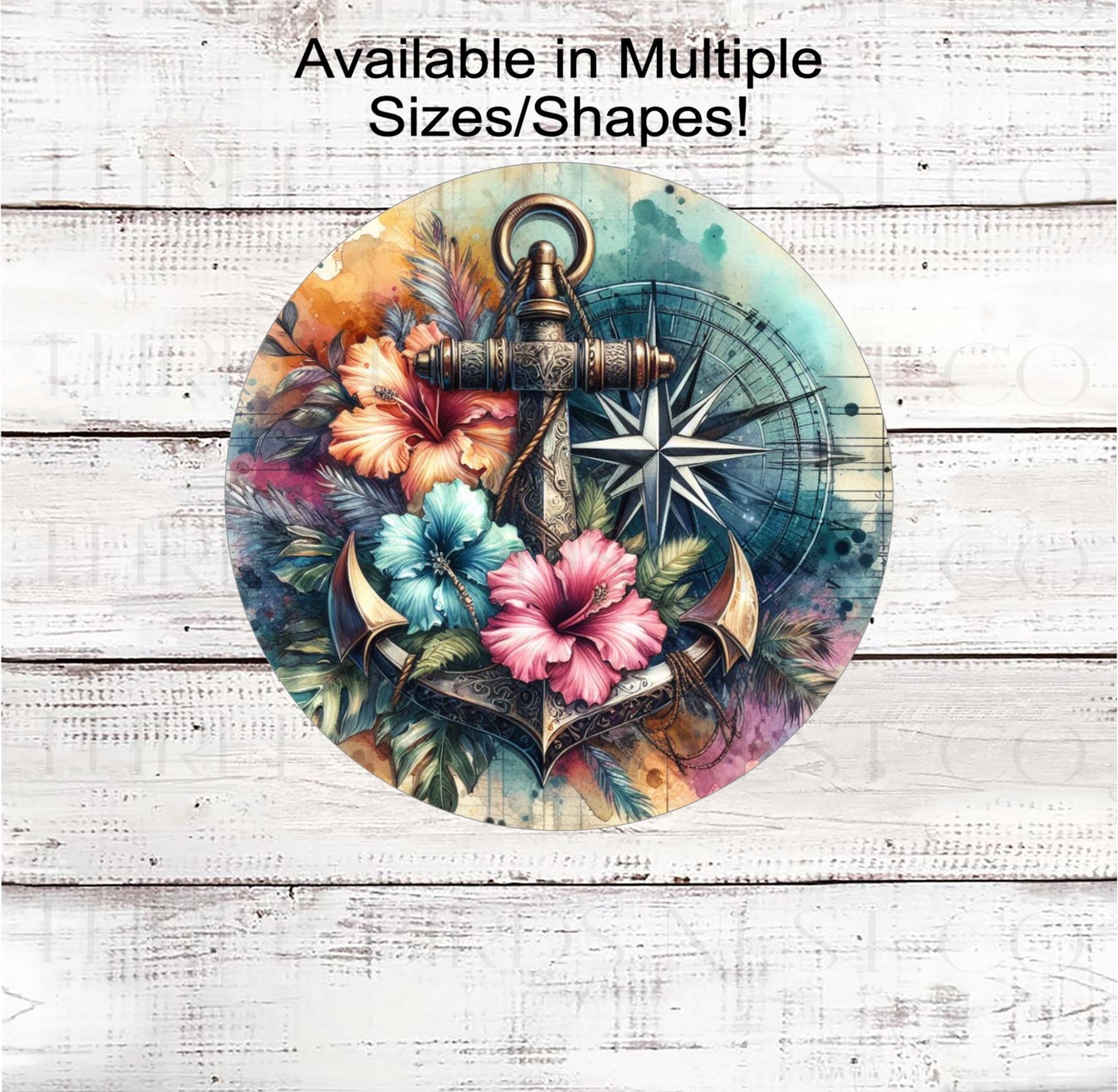 Beach Welcome Wreath Sign, Vintage Anchor Decor, Hibiscus Flowers, Compass Rose
