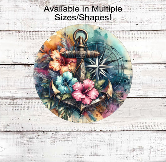 Beach Welcome Wreath Sign, Vintage Anchor Decor, Hibiscus Flowers, Compass Rose