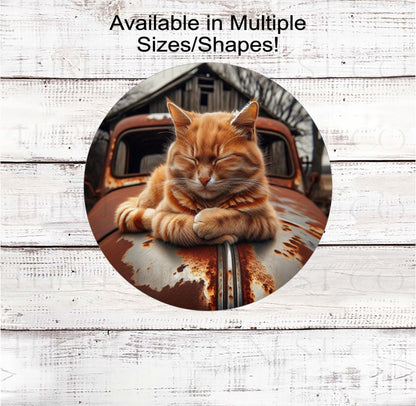 Orange Tabby Cat Wreath Sign, Vintage Car, Barn Decor, Vintage Tractor